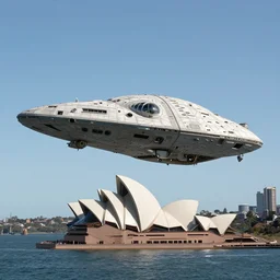 A photo looking up at a large alien spaceship hovering over Sydney in Australia, 4K