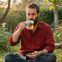 mr robert is drinking fresh tea, smoke weed and meditate in a garden from spiral mug, detailed smiled face, short beard, golden hour, red elegant shirt