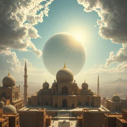 a futuristic persian city with temples with a giant sphere and bright sun rays symmetric 8 k highly detailed hyperornate oil painting by marc simonetti and caspar david friedrich, trending on artstation