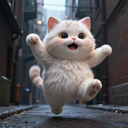 hyperrealistic detailed 3d render of a cute flooffy fat catman jumping on a dark city alley sharp cinematic lighting octane 8k low angle shallow depth of field