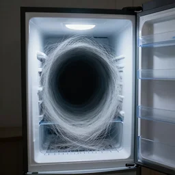 a fridge opening with a wormhole leading to nowhere inside. dramatic photo.