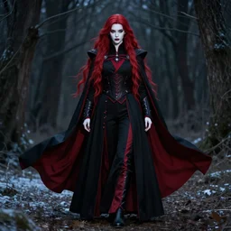 beautiful delicate but powerful sith warrior with smooth porcelain skin and long flowing red hair, wearing black and red imperial uniform with cape, outdoors in the forest in winter, dark shadowy gothic aesthetic, full body portrait, centered composition, detailed