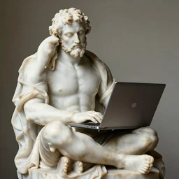 photo of a richly detailed sitting marble statue of a facepalming at his slow laptop on his lap trying to use stable diffusion by leonardo davinci
