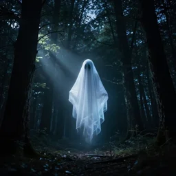a cyber ghost floating alone in the woods at night. dramatic rays of light through the trees.