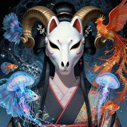 3 d goddess close up portrait with ram skull. beautiful intricately detailed, japanese crow kitsune mask and clasical japanese kimono, betta fish, jellyfish, phoenix, bio luminescent, plasma, ice, water, wind, creature, artwork by tooth wu and wlop and beeple and greg rutkowski