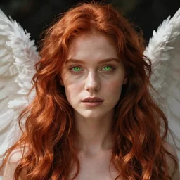beautiful female angel, red hair, green eyes, light brown skin, asymmetrical face, ethereal volumetric light, sharp focus