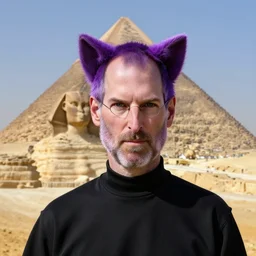 steve jobs, a boy with purple hair and cat ears in front of the pyramids, hyperrealism, intricate, 8 k, high detail