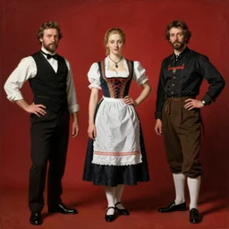 Solomon Joseph Solomon and Richard Schmid and Jeremy Lipking victorian genre painting full length portrait painting of a young beautiful woman traditional german barmaid in traditional costume, red background