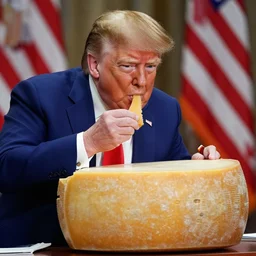 donald trump eating a large wheel of cheese,