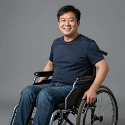 photorealistic color portrait of a detailed person in wheelchair smiling