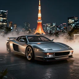 futuristic testarossa, stanceworks, custom machined paneling, visible bolts, large diffuser, octane render atmospheric fog, tokyo, night