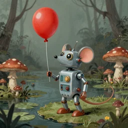 adventurer ( ( ( ( ( 1 9 5 0 s retro future robot android mouse holding a red balloon. muted colors. swamp mushrooms island, lillie pads ) ) ) ) ) by jean baptiste monge!!!!!!!!!!!!!!!!!!!!!!!!! chrome red