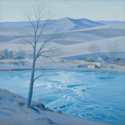 a gorgeous very early spring blue desert painting by barlowe wayne maxfield parrish and marco mazzoni. tree no leaf!!!! china mountain village!! grey blue and very little light verdancy. ultra clear detailed. 3 d, octane render. turbulent blood lake.