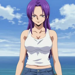 style of madhouse studio anime, rei hiroe black lagoon manga, loish, artgerm, joshua middleton comic art, portrait of revy from black lagoon, purple hair, symmetrical eyes and symmetrical face, jean shorts, white tank top, waist up, sarcastic evil smirk on face, natural lighting, sky and ocean background