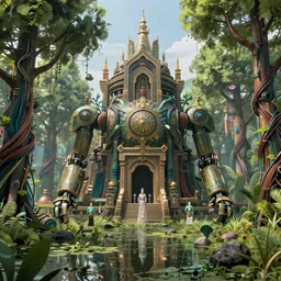 Ancient technomancer temple in a Swamp full of trees made out of thousands of wires and pipes, Large Robot approaching, artstation trending unreal 8k HD