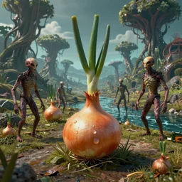 a photo of several beings on an alien planet where a humanoid species are evolved from onions, there are strange trees in the background and a river of lager - n 4