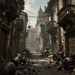 steampunk city streets by guido borelli da caluso, junk everywhere, wires hanging, atmospheric, dramatic lighting, octane render trending on artstation