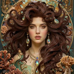 song of the billowing coral reef, detailed beauty portrait, chocolate, opulent swirling hair swirling seaweed, iridescent jewellery, face in focus, organic background, art by wlop, peter morebacher, greg rutkowski, craig mullins, ruan jia, thomas kinkade, victor ngai, ernst haeckel, alphonse mucha, unreal engine, blender, octane, ray