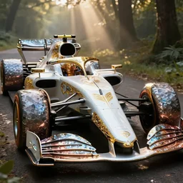 hybrid white pearlescent, chrome, titanium biomechanical futuristic formula one racing car, crystal, gold, copper, bronze, crystalline masterpiece incrustations, hyperdetailed metalwork, movie still, intricate, octane render, cinematic forest lighting, unreal engine, crepuscular rays, god rays