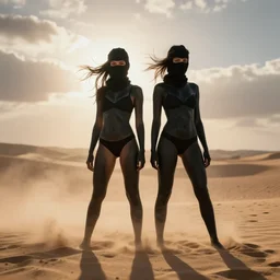 two females balaclava photography portrait, desert wind, volumetric light, dust, wind, black underwear, snadclouds, hard shadows, bokeh, golden hour, black body paint, long exposure, full body, female body anatomy