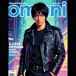 1 9 7 9 omni magazine cover of hiroyuki sanada in a leather jacket. stylized cyberpunk art by josan gonzalez.