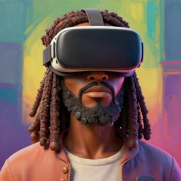 stylish 3 d vfx - drew struzan movie poster portait - art of an african jesus wearing a vr goggles, art style by james jean & hsiao - ron cheng, unreal engine render, digital illustration, sharp, intricate detail, volumetric lighting, ray tracing, soft light, colourful, claymation style, ernie barnes style, symmetry, acrylic on canvas, pinterest, artstation