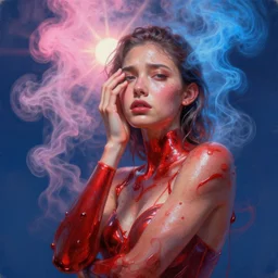 3 d, pink and blue smoke, sun rays, worry fashion model, sweat skin, liquid red metal, poster art, high detail, intricate oil painting, multiple exposure, deep blue mood, hyperrealism, 3 d, by tooth wu and wlop and beeple and greg rutkowski