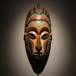 a colorful wooden African mask of a bird, wall decoration, handmade, tactile, detailed, orientalist, indoor dim light, spotlight, 4K photo