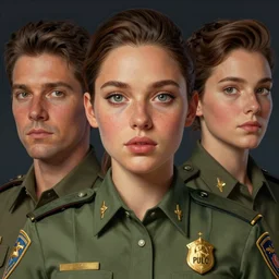 full size persona, female sheriff, big eyes, plump lips, detailed faces, beautiful, rich deep colours masterpiece, sharp focus, ultra detailed, by leesha hannigan, ross tran, thierry doizon, kai carpenter, ignacio fernandez rios