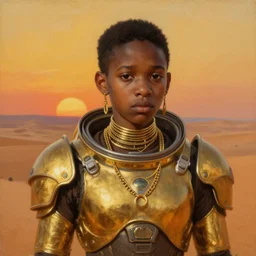 a young sad dejah thoris on mars wearing detailed space armor made of gold, after a battle, closeup portrait, gold jewelry, sand dunes to the horizon, fantasy, smooth, 4 k, sunset, oil painting on canvas by john singer sargent and norman rockwell