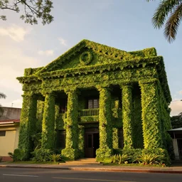 bank building made of leaf, costa ricca, golden hour