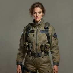 epic professional digital portrait art of woman wearing airforce jumpsuit, facing front, digital superfine painting by iris van herpen, artstation, cgsociety, wlop, epic, much wow, much detail, gorgeous, detailed, cinematic, masterpiece