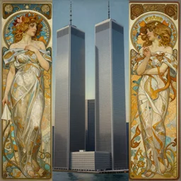 1960s Neo Rococo Expressionist, 1960s orientalism, diffuse lighting, fantasy, intricate, elegant, highly detailed, lifelike, photorealistic, digital painting, artstation, illustration, concept art, smooth, sharp focus, World Trade Center twin towers, art by John Collier and Albert Aublet and Krenz Cushart and Artem Demura and Alphonse Mucha
