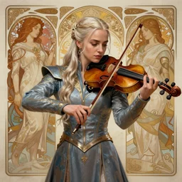 daenerys targaryen playing a violin, d & d, fantasy, intricate, elegant, highly detailed, digital painting, artstation, concept art, matte, sharp focus, illustration, hearthstone, art by bouguereau and alphonse mucha and greg rutkowski and ruan jia and conrad roset.