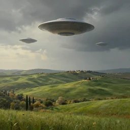 a beautiful landscape painting, flying saucers, tuscany hills, by sam guay, moody lighting, hyperrealism, 4 k, octane render