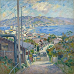 a beautiful japanese city near the sea, visible pipe, cable, 1 0 % cyberpunk, year 1 9 2 0, oil painting in impressionist style, by monet, by berthe morisot, multiple brush strokes, inspired by ghibli and makoto shinkai, masterpiece