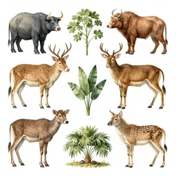 animals and plants on a white background, high detail Illustration, Anatomical Drawing, Painting