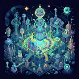 isometric intricate flourescent complex wimmelbild illustration of weird dreamworld by greg rutkowski and dan mumford trending on artstation