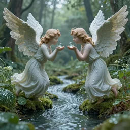 angel love between speech breath loving nature is a long river flowing in world of dew, and within every dewdrop a world of struggle fantasy intricate elegant under, lush volumetric lighting 3 d photo modelling