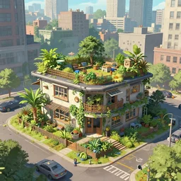a cozy farm house in a busy city, flat roof, surrounded by plants, overgrown, urban, solarpunk concept art