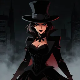 cell shaded, portrait of a woman magician performer, dark background, dramatic bold lighting, solid colors and blacks, thick lines, dark shadows, sharp edges, artstation, photoshop, trending, grunge, high contrast, comic, cartoon, graphic novel, dark background, digital 2 d, artstation, marcin sobon, city of mist