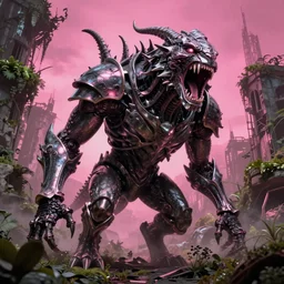 post - gothic giant chimera, exoskeleton armor screaming, dystopian ruins covered in vegetation, highly detailed smooth digital art masterpiece, vitaly bulgarov giger dramatic pink light, ground angle hd 8 k, sharp focus