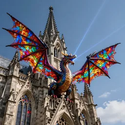 outside exterior view flying stain glass dragon wings gothic butress cathedral lens laser dragon in the sky, artstation, cinematic, concept art, 8k, Pinterest, cgsociety, hyper detailed, ultra realistic, illustration, epic, high resolution, post processing, high quality,