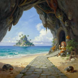 in the distance is a single magical tropical fantasy island in the middle of the ocean, on the sandy shore is a stone path leading towards the entrance of an massive cave of mystic treasure, artstation, oil painting, painted ruan jia raymond swanland lawrence alma tadema zdzislaw beksinski norman rockwell tom lovell alex malveda greg staples