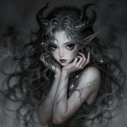portrait of demon girl with long hair by artgerm, dreamy and ethereal, expressive pose, big black eyes, exciting expression, fantasy, intricate, elegant, dark and moody smoke, highly detailed, digital painting, artstation, concept art, smooth, sharp focus, illustration, art by bastien lecouffe deharme and greg rutkowski and giger