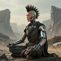 meditating monk with mohawk and tattoo on face and cybernetic enhancements against the backdrop of a post - apocalyptic landscape, scifi character portrait by greg rutkowski, craig mullins, cinematic lighting, dystopian scifi outfit, profile picture, mechanical, cyborg, half robot ultra realistic 8 k resolution.