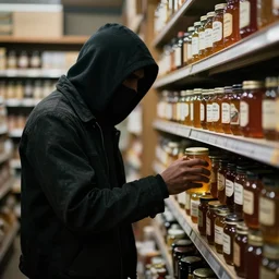 a shady, veiled figure buying a jar of delicious honey in a store, ominous atmosphere