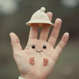 a hand that is a little character, with cute eyes and a smile and little feet at the fingertips, many fingers, it's wearing a cute little hat, old photo, expired color film, 1975