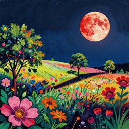 red moon, summer morning, very coherent and colorful high contrast, art by! gediminas pranckevicius! geof darrow, pastel color, volumetric lighting, cinematic, floralpunk screen printing woodblock, dark shadows, hard lighting, stippling art