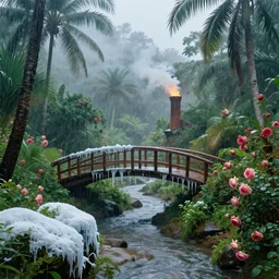monsoon on tropical island, ornate, beautiful, atmosphere, vibe, mist, smoke, fire, chimney, rain, wet, pristine, puddles, melting, dripping, snow, creek, lush, ice, bridge, forest, roses, flowers, by stanley artgerm lau, greg rutkowski, thomas kindkade, alphonse mucha, loish, norman rockwell